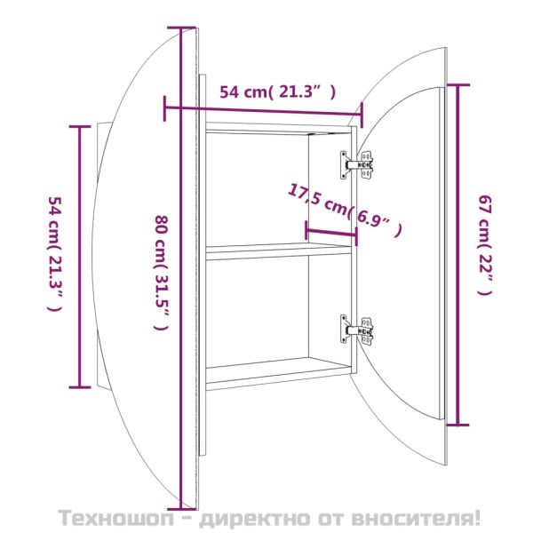 Шкаф за баня с кръгло огледало и LED, черен, 54x54x17,5 см