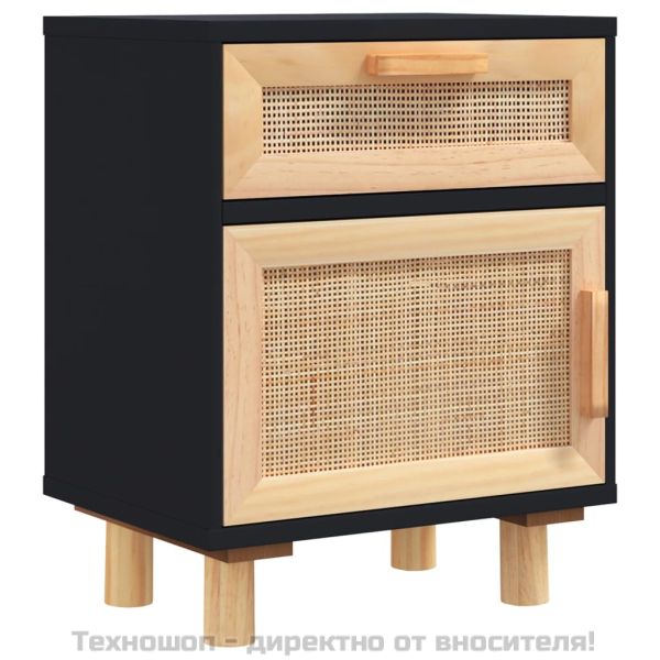 Нощни шкафчета, 2 бр, черни, бор масив и естествен ратан