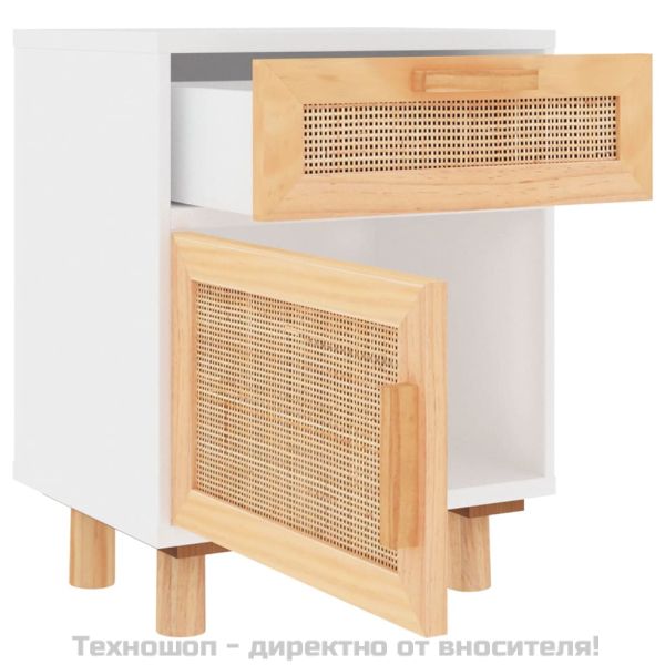 Нощни шкафчета, 2 бр, бели, бор масив и естествен ратан