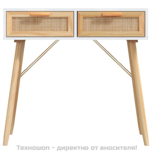 Конзолна маса, бяла, 80x30x75 см, бор масив и естествен ратан