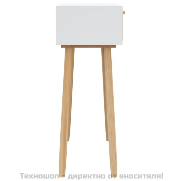 Конзолна маса, бяла, 80x30x75 см, бор масив и естествен ратан