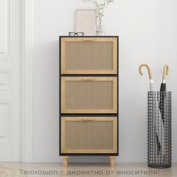 Шкаф за обувки черен 52x25x115 см инженерно дърво и ратан
