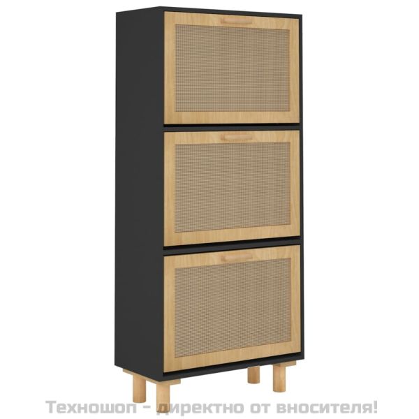 Шкаф за обувки черен 52x25x115 см инженерно дърво и ратан