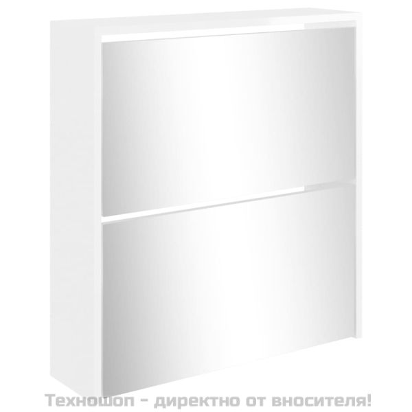 Шкаф за обувки с огледало, 2 нива, бял гланц, 63x17x67 см