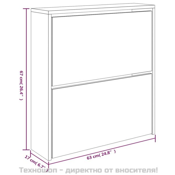 Шкаф за обувки с огледало, 2 нива, бял гланц, 63x17x67 см