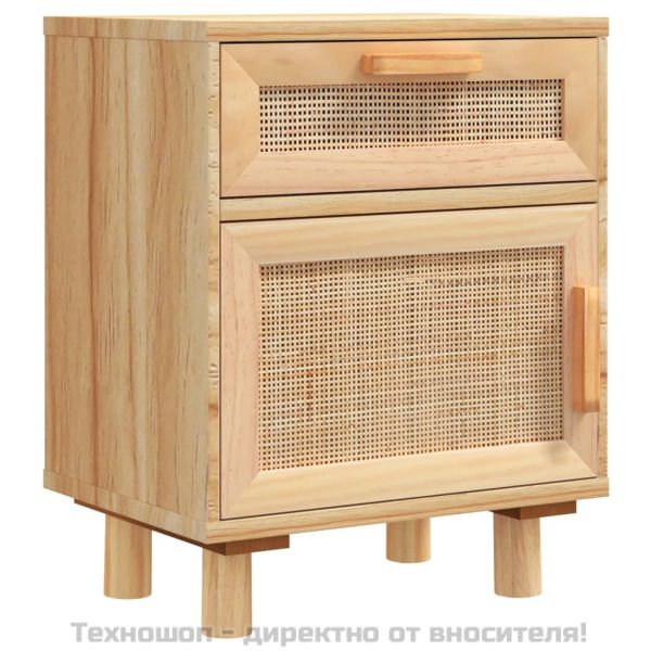 Нощно шкафче, кафяво, борово дърво масив и естествен ратан