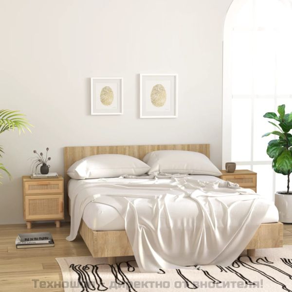 Нощно шкафче, кафяво, борово дърво масив и естествен ратан