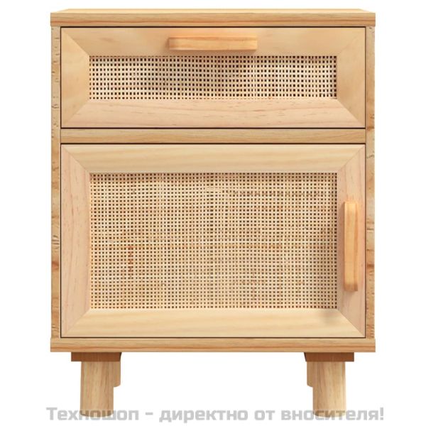 Нощно шкафче, кафяво, борово дърво масив и естествен ратан