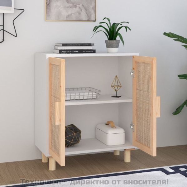 Бюфет, бял, 60x30x70 см, бор масив и естествен ратан