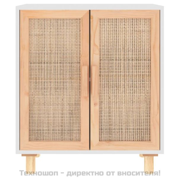 Бюфет, бял, 60x30x70 см, бор масив и естествен ратан
