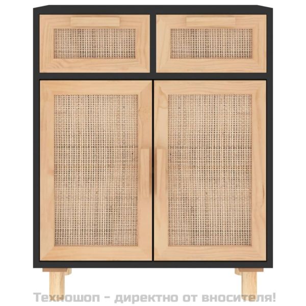 Сайдборд, черен, 60x30x75 см, бор масив и естествен ратан