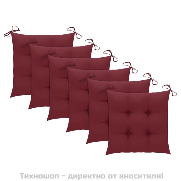 Градински столове с виненочервени възглавници 6 бр тик масив
