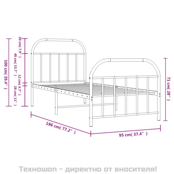 Метална рамка за легло с горна и долна табла, черна, 90x190 см