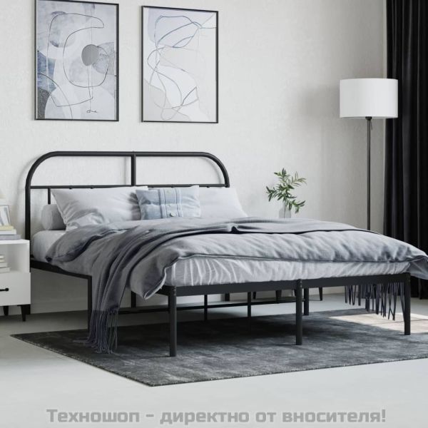 Метална рамка за легло с горна табла, черна, 140x200 см