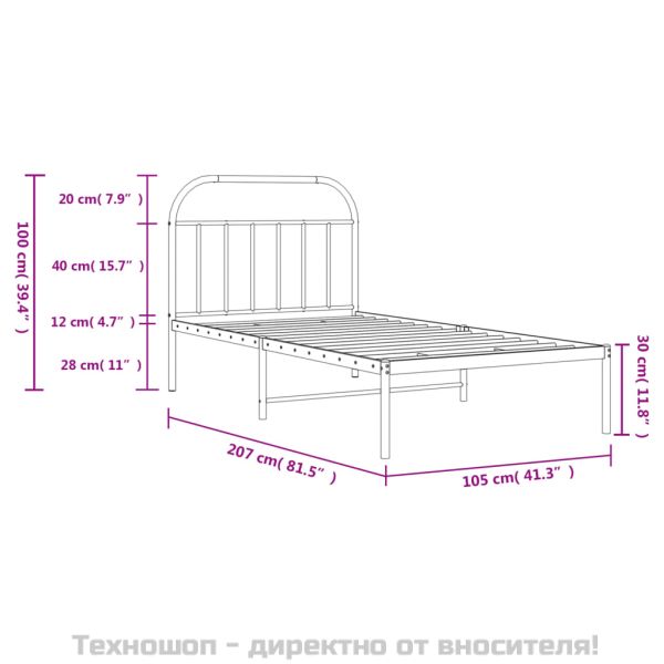 Метална рамка за легло с горна табла, черна, 100x200 см