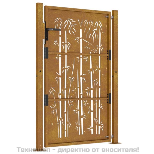 Градинска порта 100x125 см, кортенова стомана, дизайн от бамбук