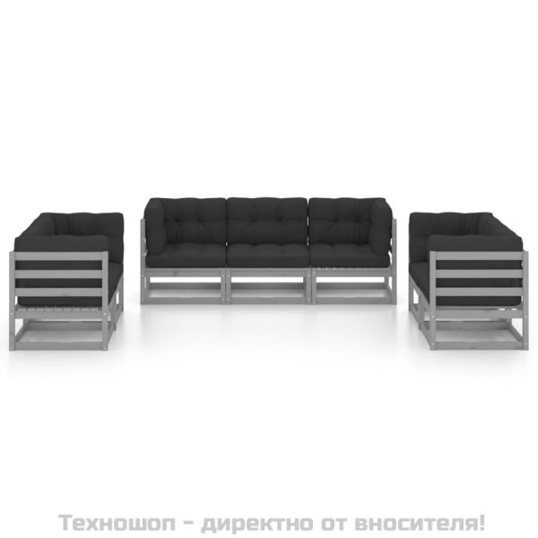 Градински лаундж комплект, 7 части, с възглавници, бор масив