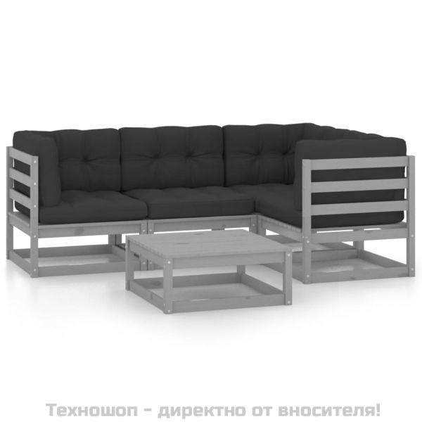 Градински лаундж комплект, 5 части, с възглавници, бор масив