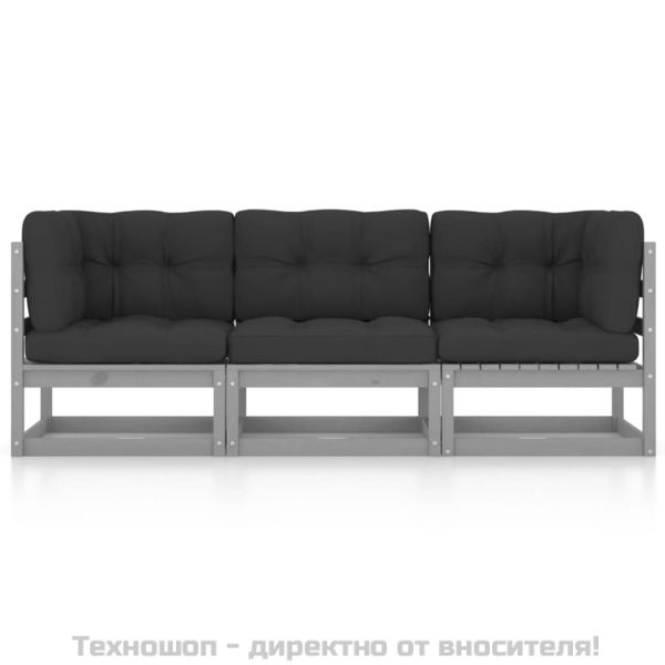 3-местен градински диван с възглавници, борово дърво масив