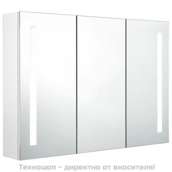LED шкаф с огледало за баня, 89x14x62 см, блестящо бял