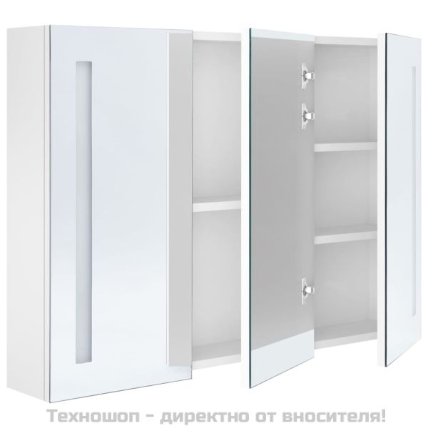 LED шкаф с огледало за баня, 89x14x62 см, блестящо бял