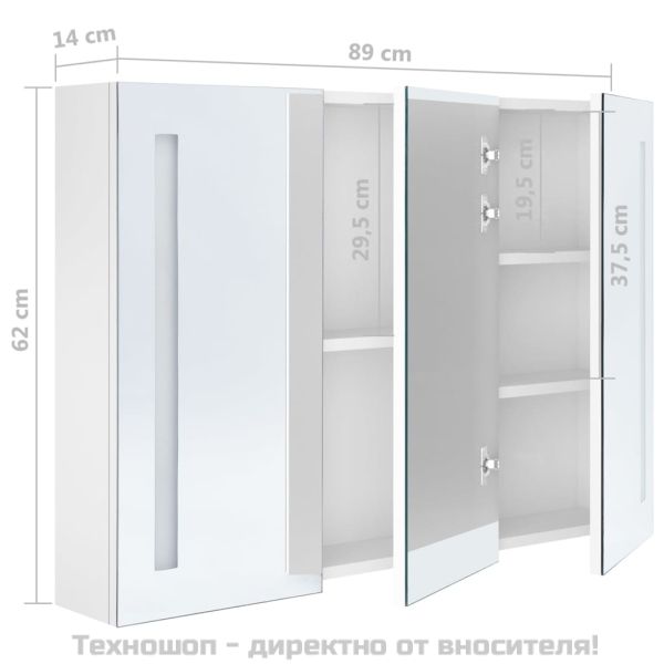 LED шкаф с огледало за баня, 89x14x62 см, блестящо бял