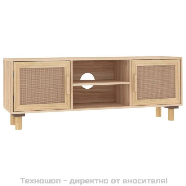 ТВ шкаф, кафяв, 105x30x40 см, бор масив и естествен ратан