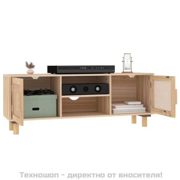 ТВ шкаф, кафяв, 105x30x40 см, бор масив и естествен ратан