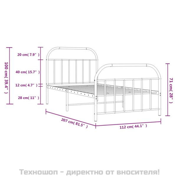 Метална рамка за легло с горна и долна табла, черна, 107x203 см