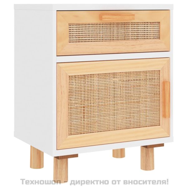 Нощно шкафче, бяло, борово дърво масив и естествен ратан