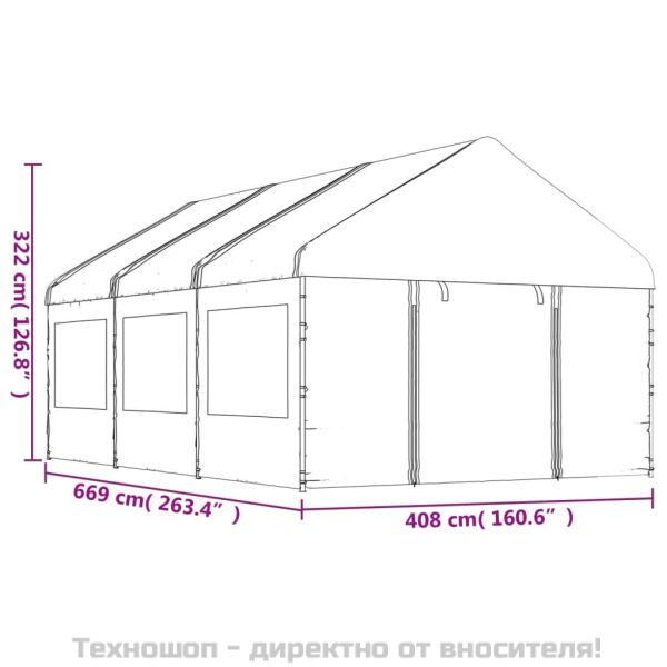 Навес с покрив бял 6,69x4,08x3,22 м полиетилен