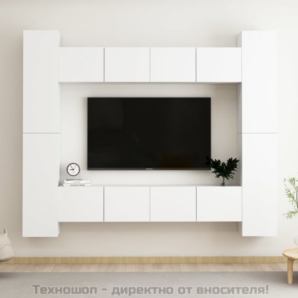 Комплект ТВ шкафове от 8 части, бял, инженерно дърво