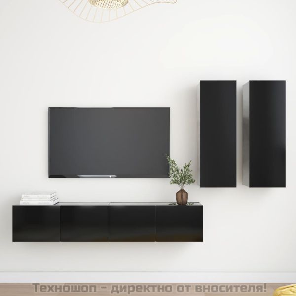 Комплект ТВ шкафове от 4 части, черен, ПДЧ