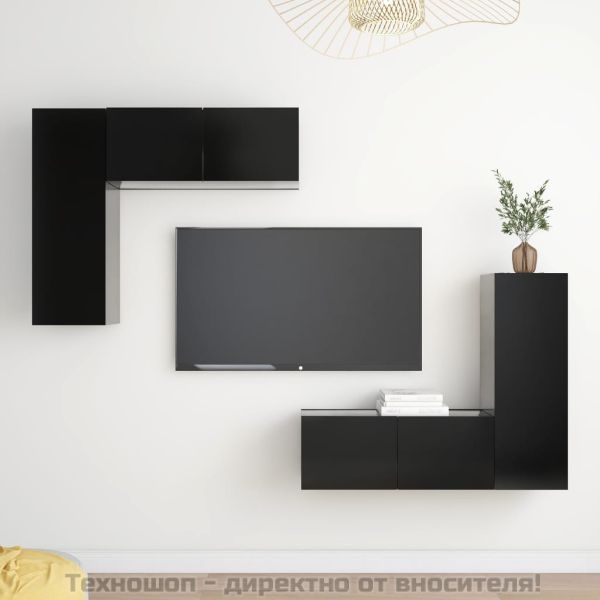 Комплект ТВ шкафове от 4 части, черен, ПДЧ