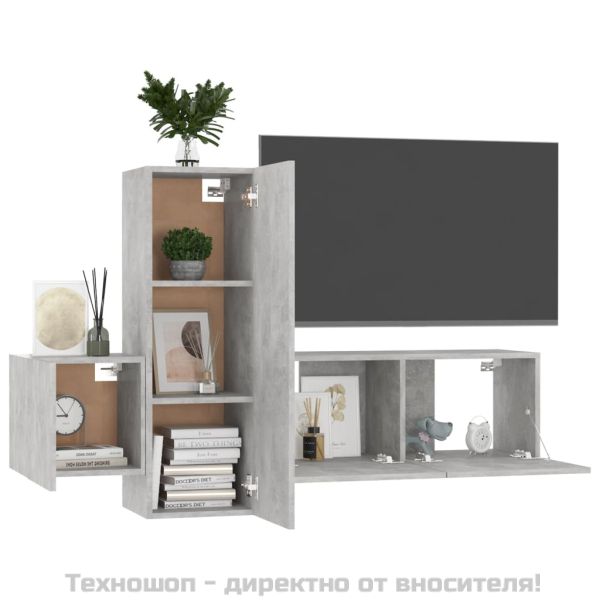 Комплект ТВ шкафове от 3 части, бетонно сив, инженерно дърво