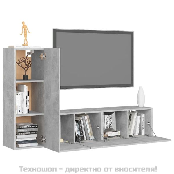 Комплект ТВ шкафове от 3 части, бетонно сиви, инженерно дърво