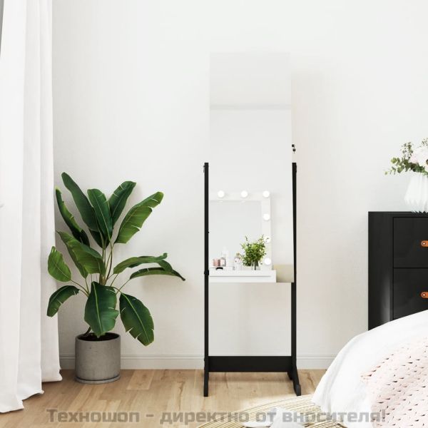 Огледален шкаф за бижута, свободностоящ, черен, 42x38x152 см