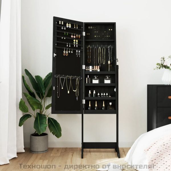 Огледален шкаф за бижута, свободностоящ, черен, 42x38x152 см