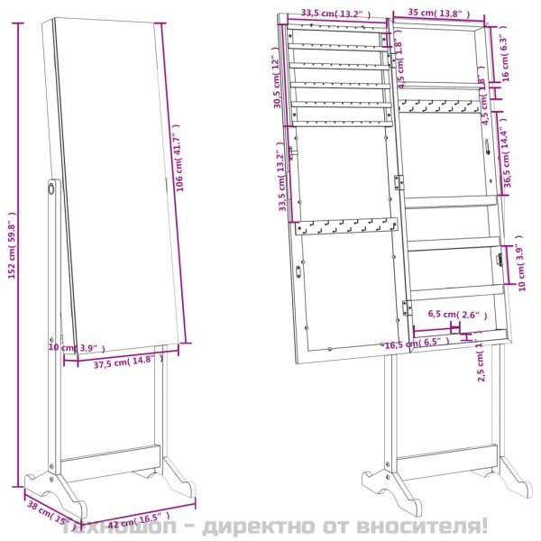Огледален шкаф за бижута, свободностоящ, черен, 42x38x152 см