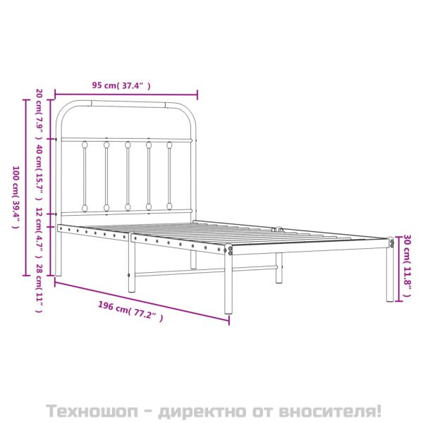 Метална рамка за легло с горна табла, бяла, 90x190 см