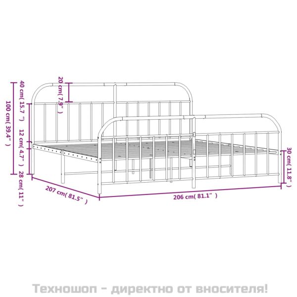 Метална рамка за легло с горна и долна табла, бяла, 200x200 см