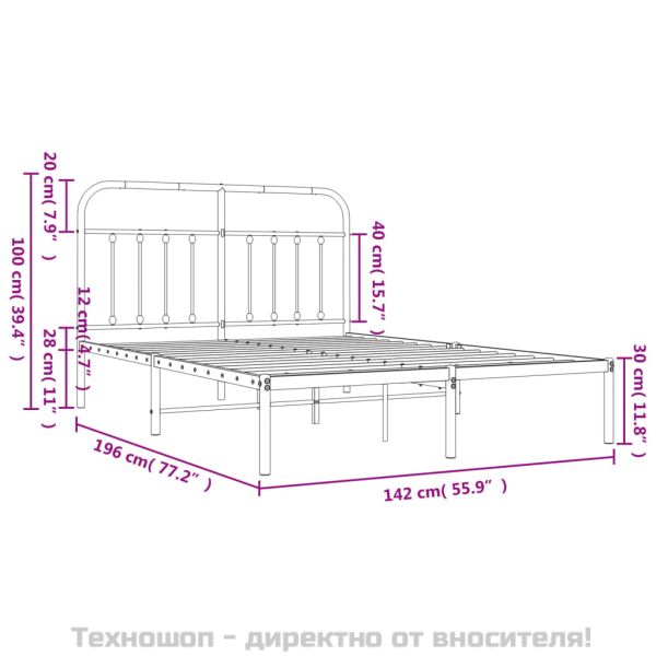 Метална рамка за легло с горна табла, бяла, 135x190 см