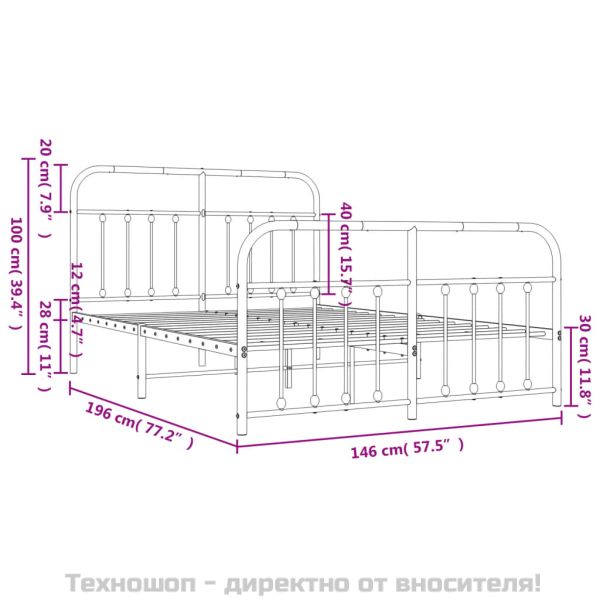 Метална рамка за легло с горна и долна табла, бяла, 140x190 см