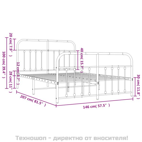 Метална рамка за легло с горна и долна табла, бяла, 140x200 см