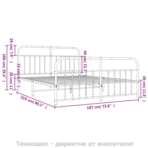 Метална рамка за легло с горна и долна табла, черна, 183x213 см
