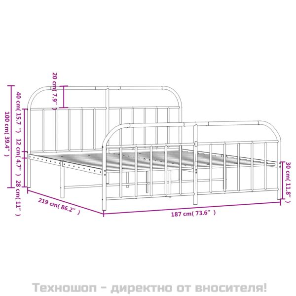 Метална рамка за легло с горна и долна табла, бяла, 183x213 см