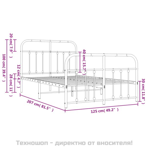 Метална рамка за легло с горна и долна табла, черна, 120x200 см