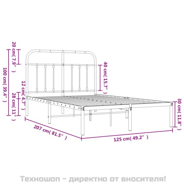 Метална рамка за легло с горна табла, бяла, 120x200 см