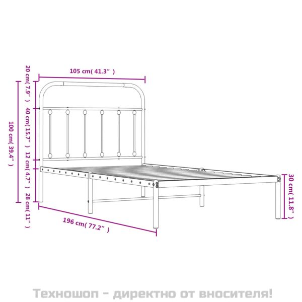 Метална рамка за легло с горна табла, бяла, 100x190 см