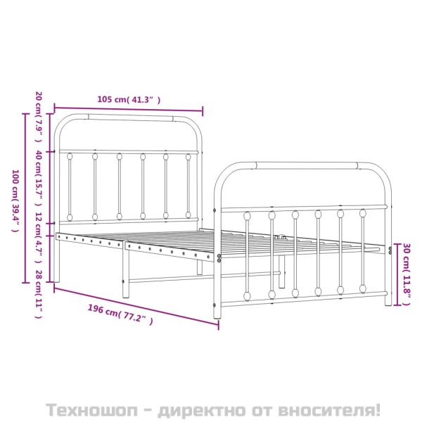 Метална рамка за легло с горна и долна табла, бяла, 100x190 см